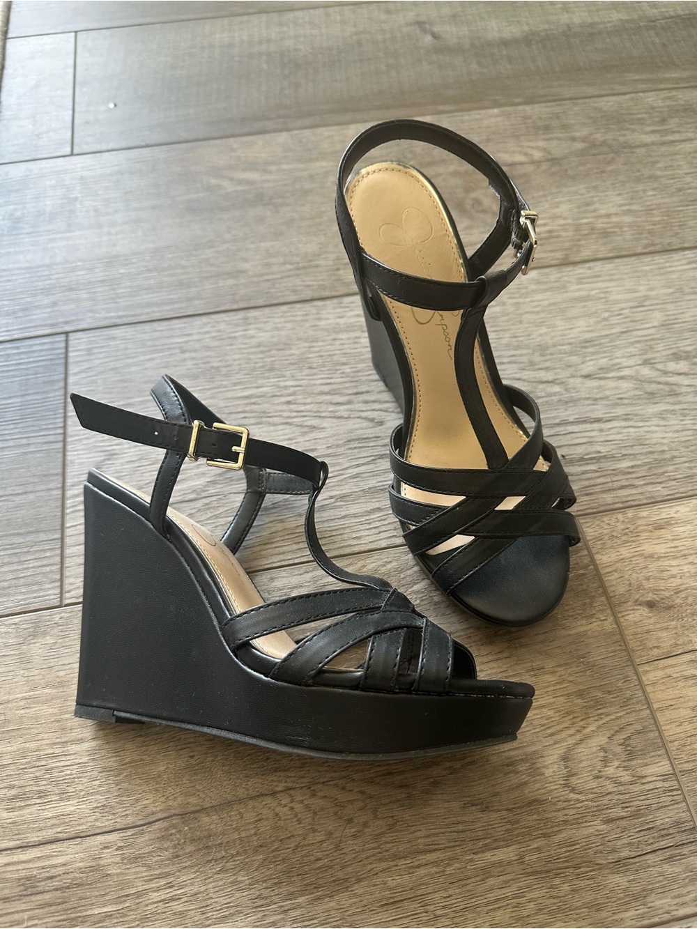 Jessica Simpson Black Strappy Wedge Sandals